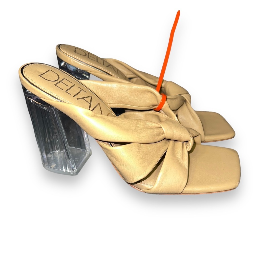 ✅Deltan Kira Puffy Leather Square Toe Sandals w/ Acrylic Clear Heel - Picture 4 of 7